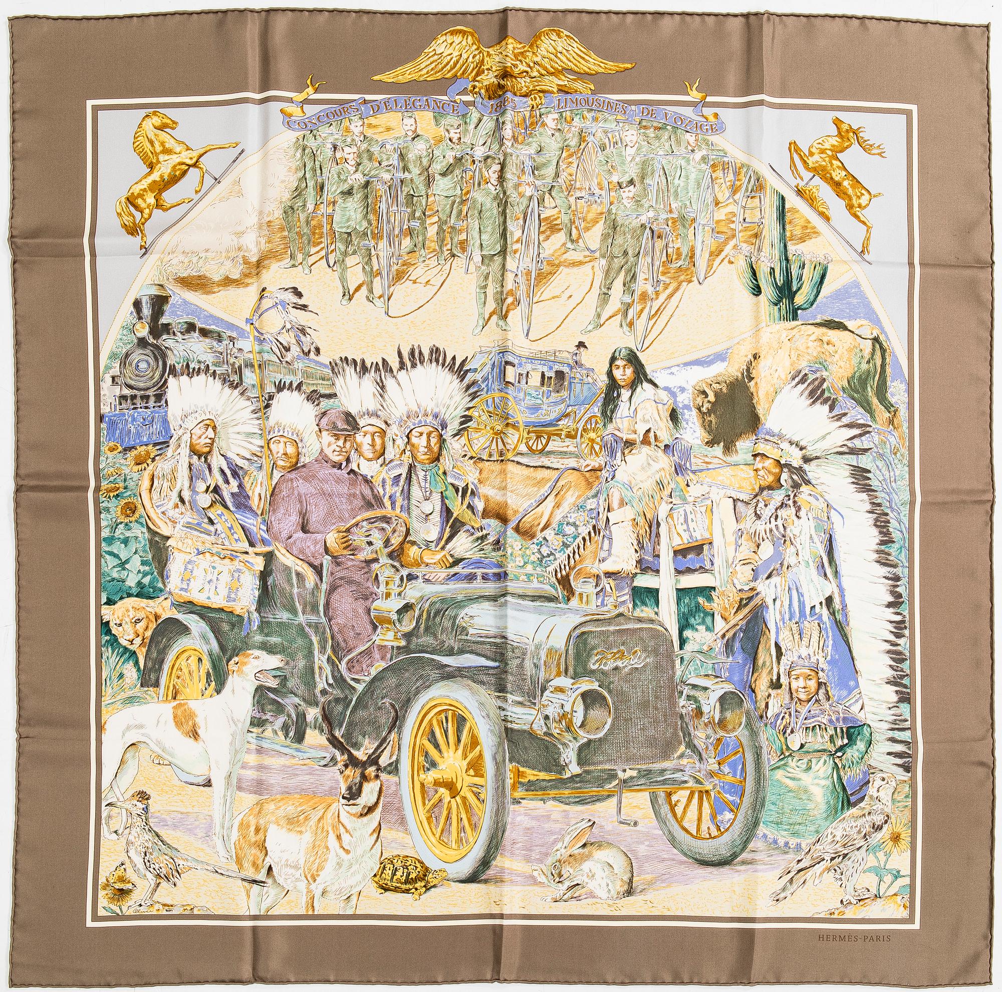 Hermès, a 'Concours d'Elegance - 1885 Limousines de Voyage' silk scarf.