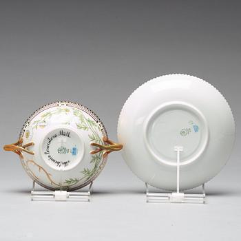 A set of three Royal Copenhagen 'Flora Danica' soup dishes with stands, and a dish, Denmark, 20th Century.