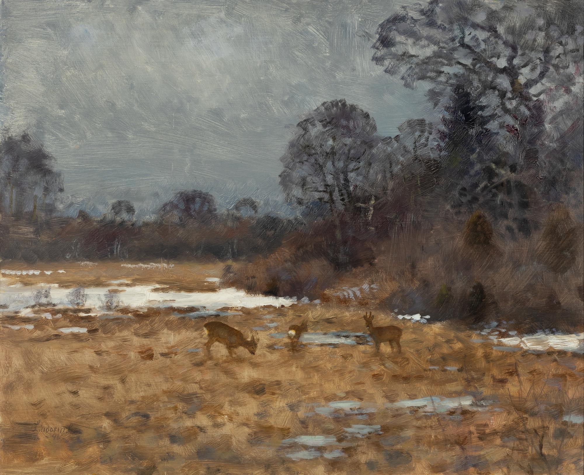 Lindorm Liljefors, Roe Deer in Spring Winter Landscape.