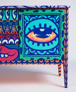 Amara Por Dios, a unique painted sideboard/object, executed in her own studio, 2018.