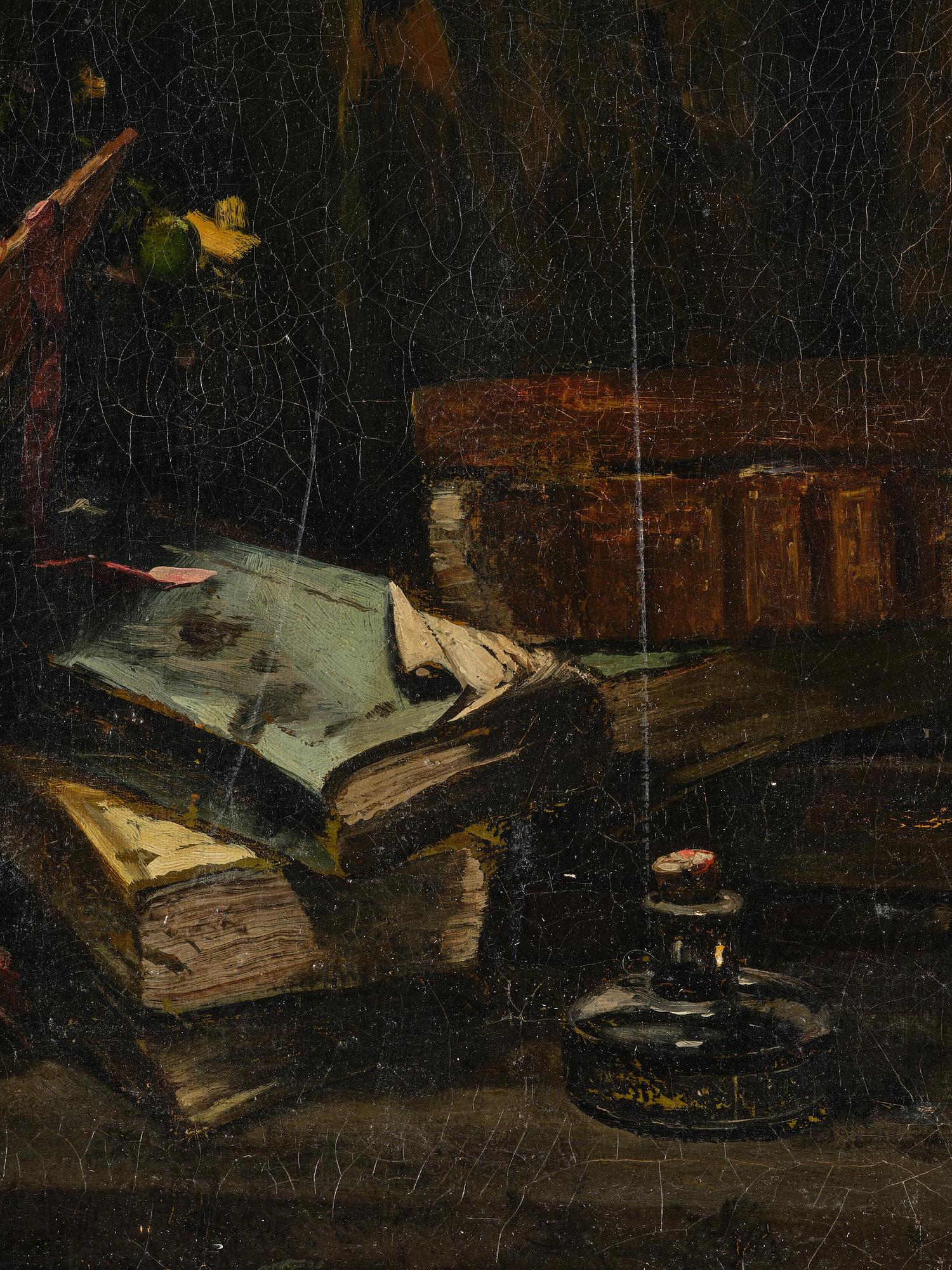 Antoine Vollon, Still life with flowers and books.