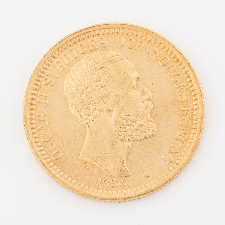 Guldmynt, Oscar II, 20 kronor, typ III, Sverige 1886.