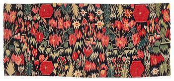249. A carrige cushion 'Blomstermosaik', tapesty weave, c 95.5 x 42 cm, Scania, around 1800-1830.