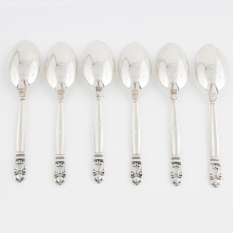 Johan Rodhe, six sterling silver spoons, 'Konge/Acorn', Georg Jensen, Denmark.