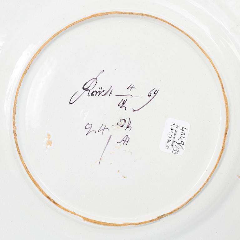 Two Swedish faiance plates, Marieberg and Rörstrand, 1769 and 1770.
