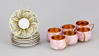 KAFFEKOPPAR, 5 st, porslin, Kusnetzoff, Ryssland, omkring 1900.