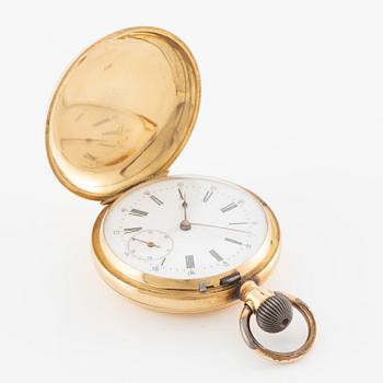 Pocket watch, 18K gold, hunter, calendar, 49.5 mm.