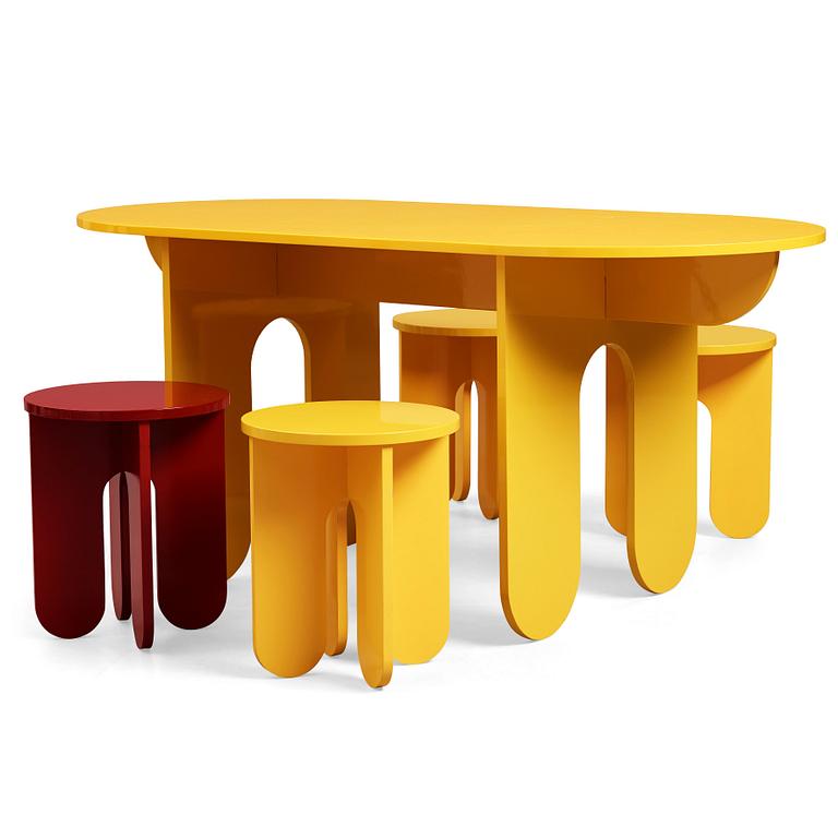 OWL, "Capsules”, a table and four stools in an unique colaboration with Arranging Things, 2019.