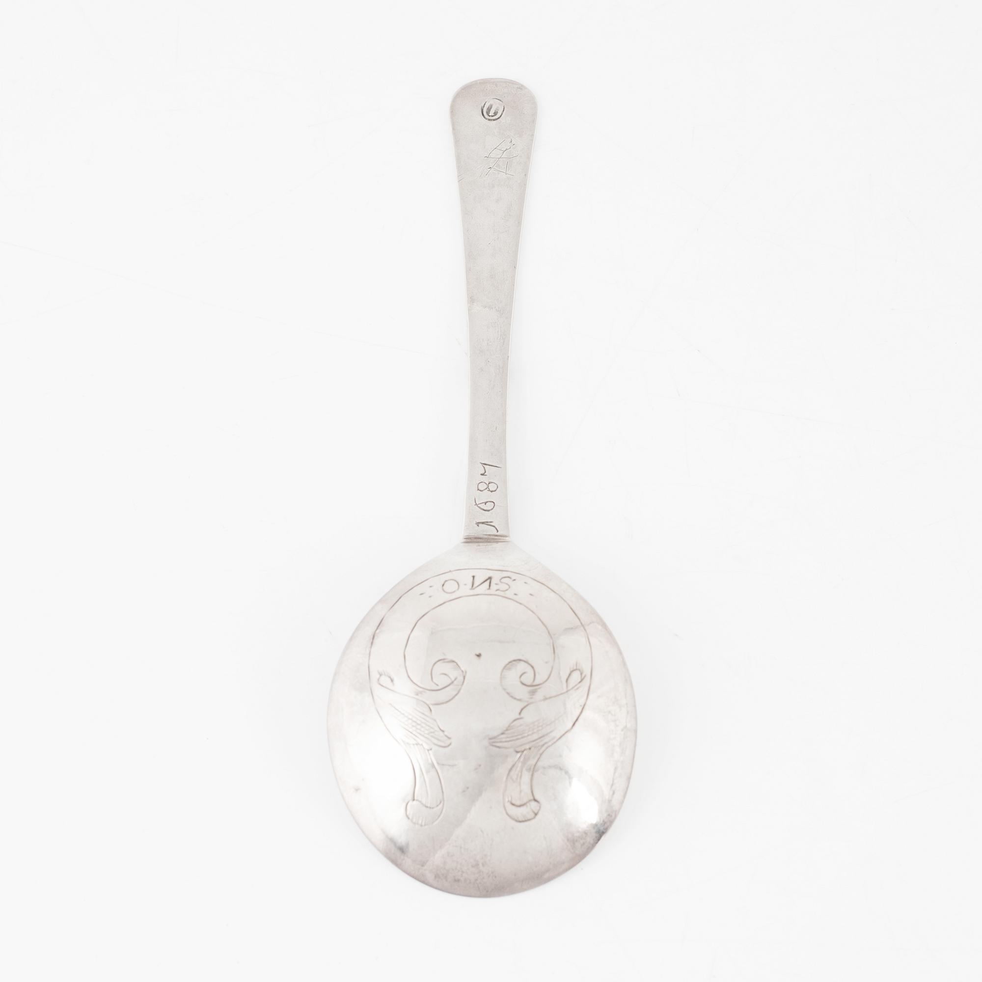 Oluf Jörgensen, sked, silver, (verksam i Bergen 1650-1700).