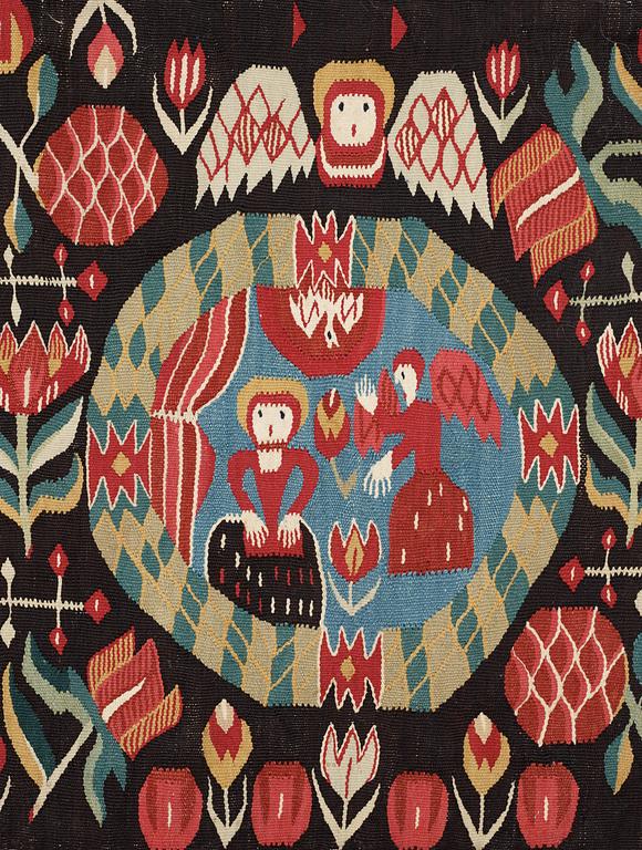 CUSHION. "The Annunciation". Flamskväv (tapestry weave). Skåne first half of the 19th century.