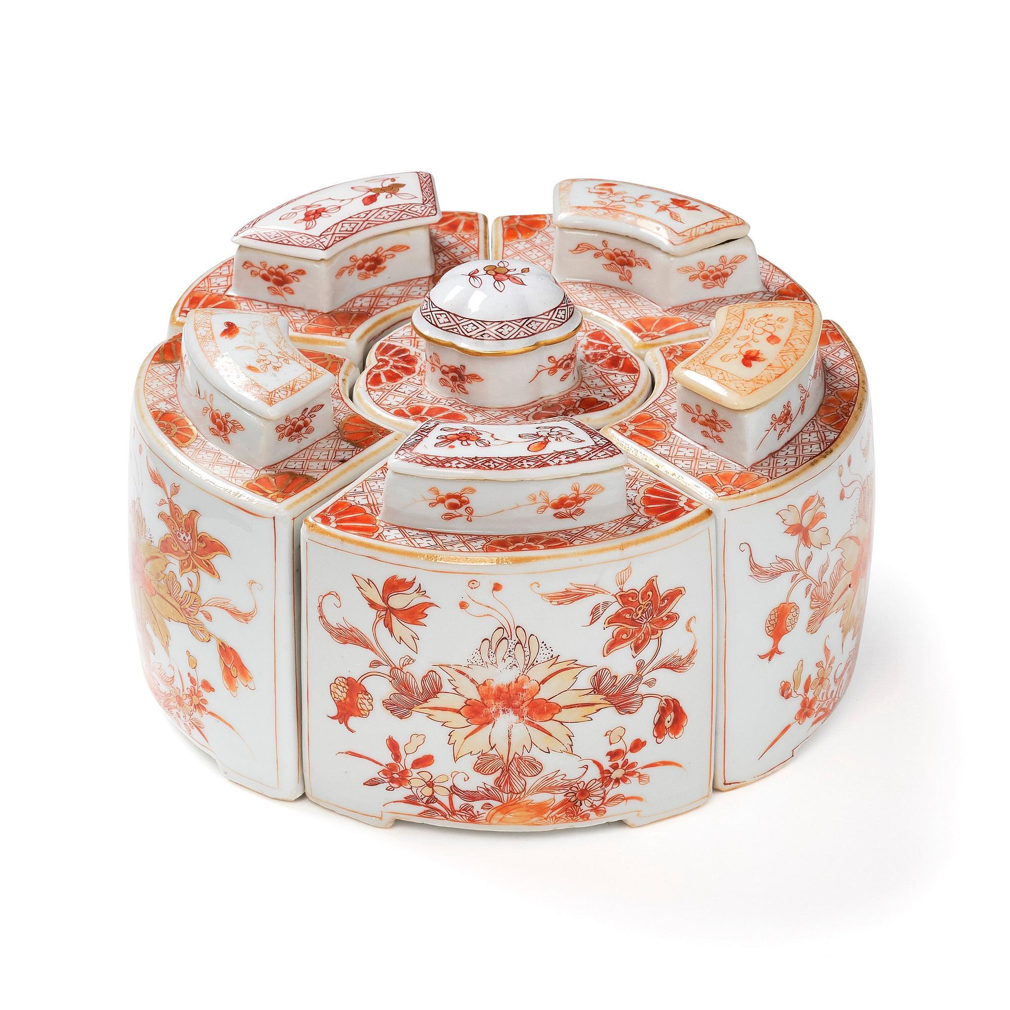 A 'rouge de fer' six piece tea caddy set, Qing dynasty, early 18th Century.