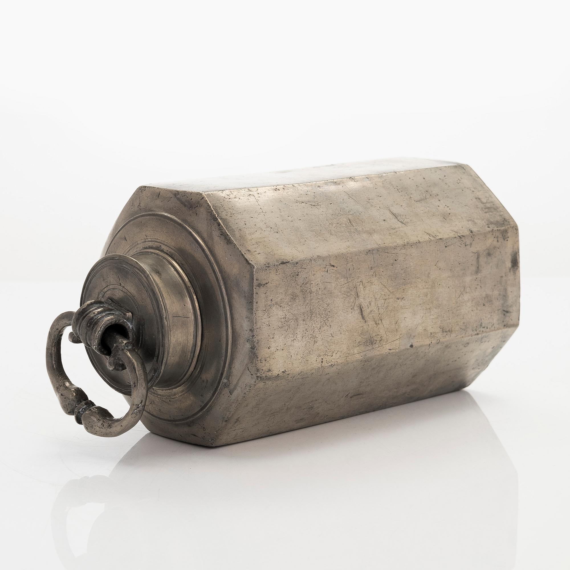 A pewter bottle, maker's mark of Daniel Rising, Turku, Finland, late 18th Century.