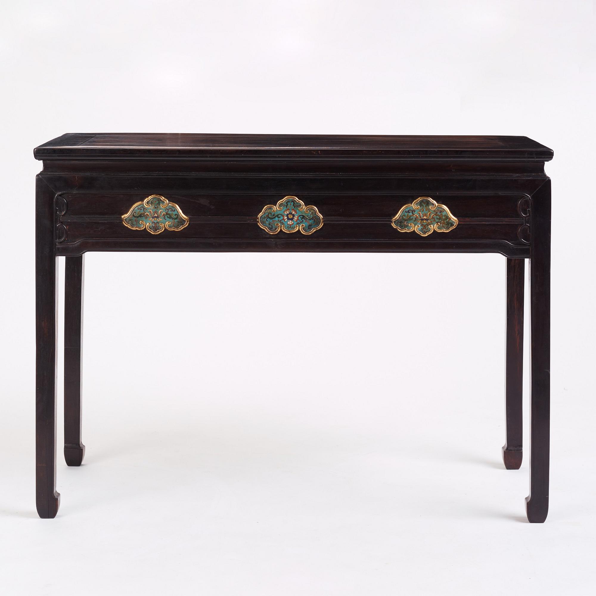 A Chinese zitan altar table with cloisonné placques, Qing dynasty, Qianlong period (1736-1795).