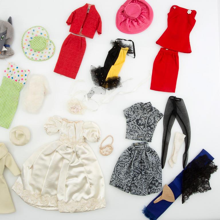 Barbie wardrobe along with clothes and accessories, 1960s, including "Barbie babysits" 1963.