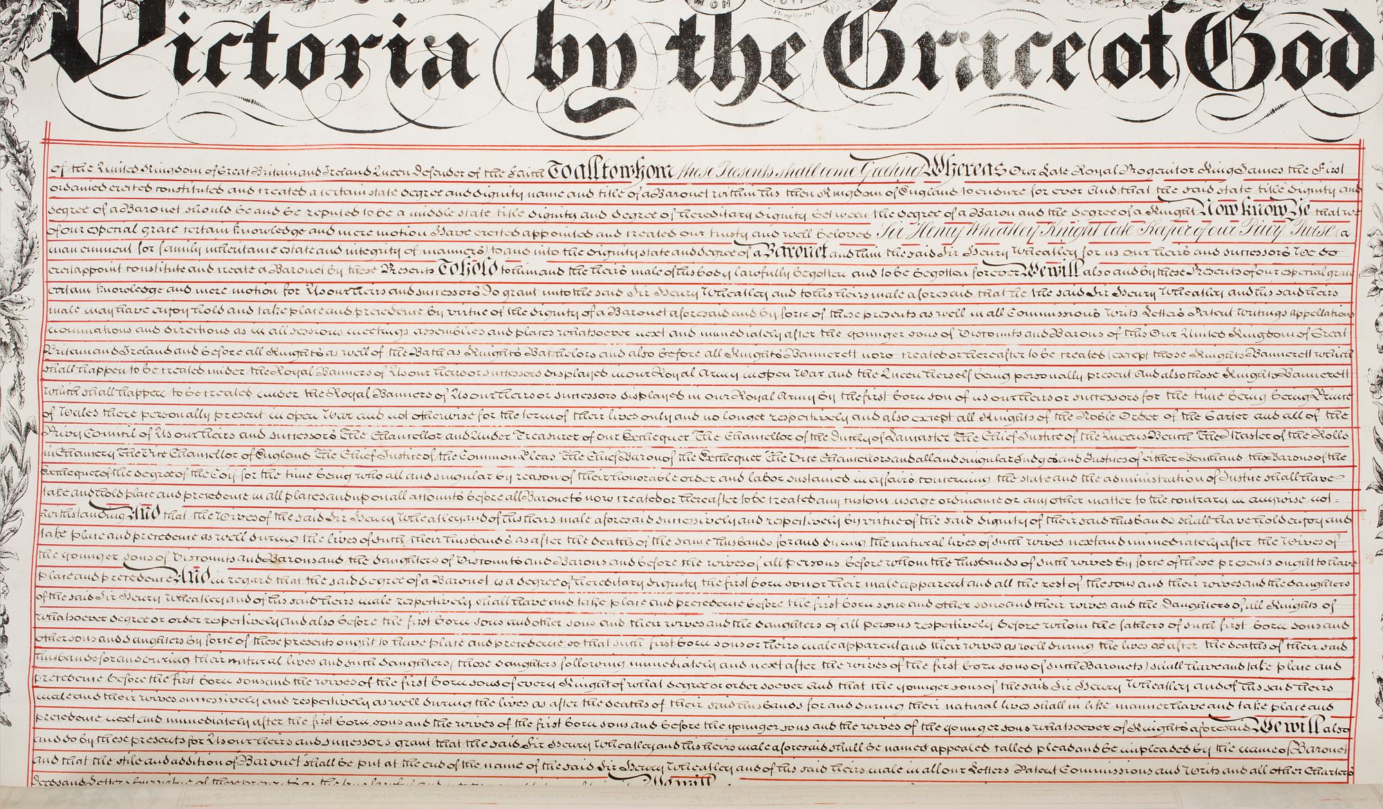 A British letter of patent with wax seal conferring upon Sir Henry Wheatley (1777-1852) the title and rank of Baronet.