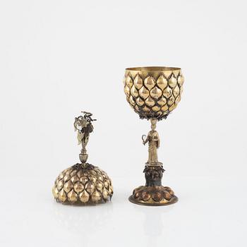 A German Baroque Style Parcel-Gilt Silver Pineapple Cup with Cover, circa 1900.