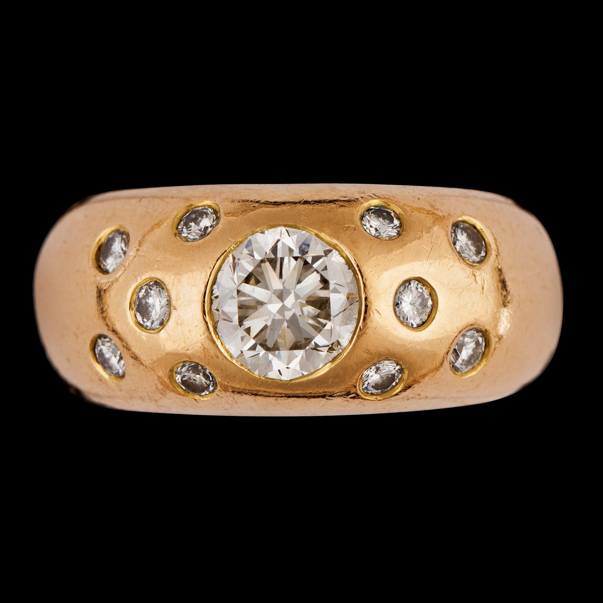 RING, briljantslipad diamant, 1.11 ct samt 10 briljanter, tot. 0.30 ct.