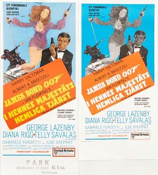 Movie posters, 2 pcs James Bond "On Her Majesty's Secret Service" 1970 and later.