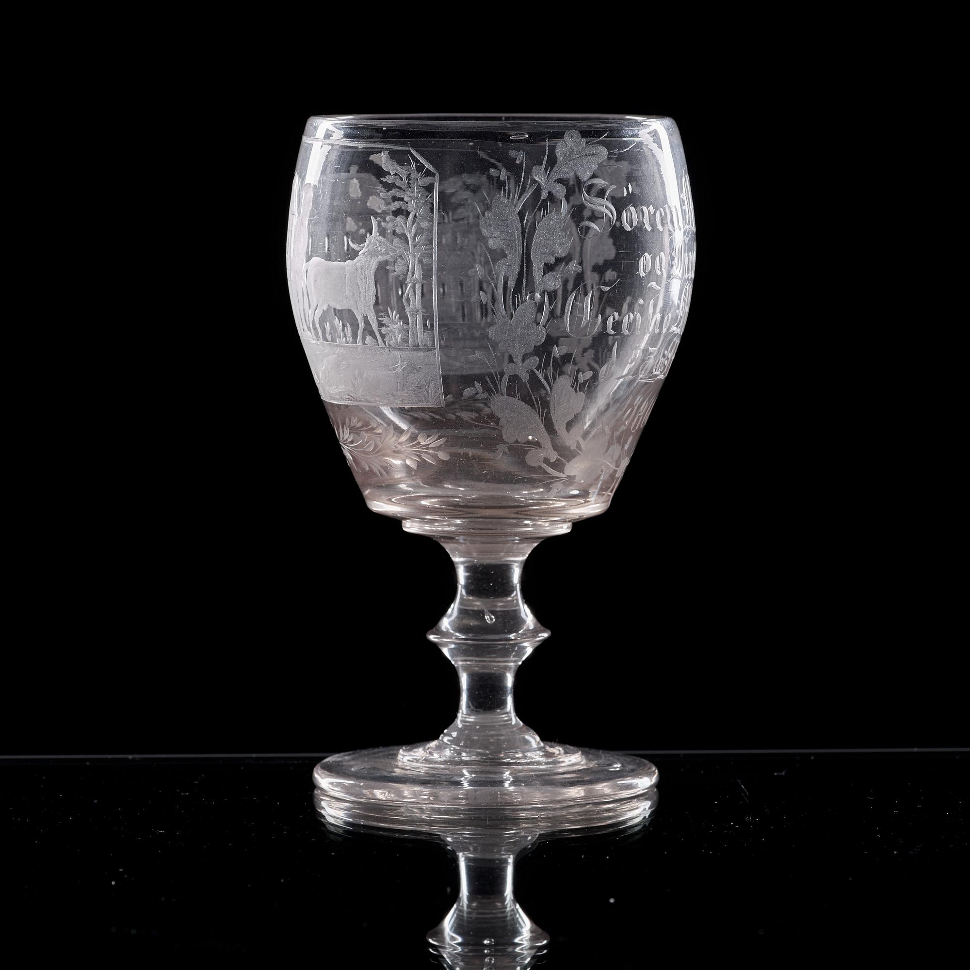 A Danish wedding glass goblet, dated 1860.