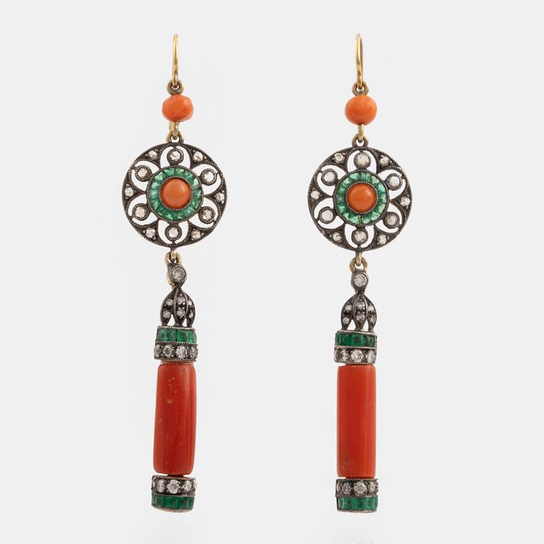 Coral, emerald and rose cut and brilliant cut diamond earrings.