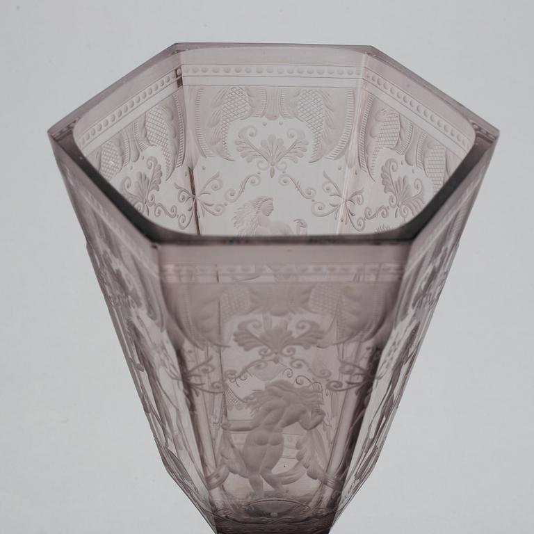 Simon Gate, an engraved glass goblet " Six Graces", Orrefors, Sweden 1925, model 154, engraved by Elis Rydh.