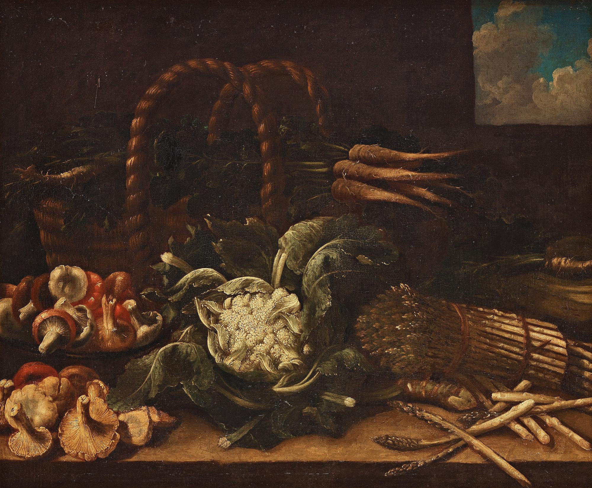 Simone del Tintore Follower of, Still life with asparagus, mushrooms, cauliflower and turnips.