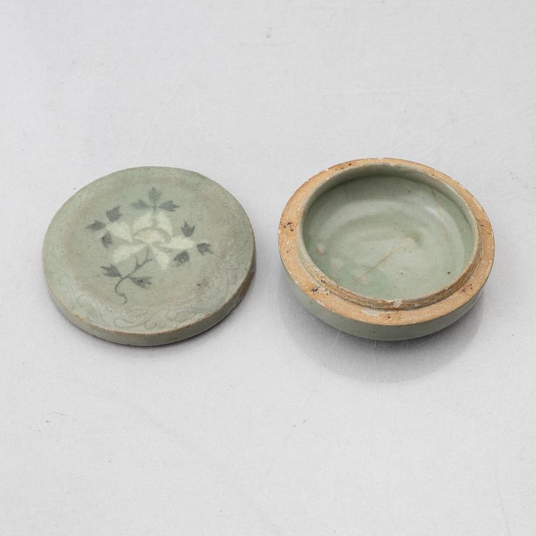 A Korean Celadon glazed box with cover, Koryo dynasty (918–1392).