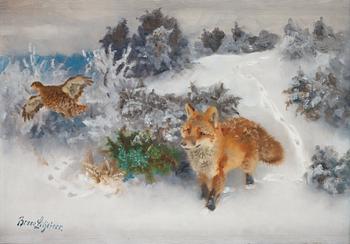 Bruno Liljefors, Winter landscape with fox stalking black grouse.