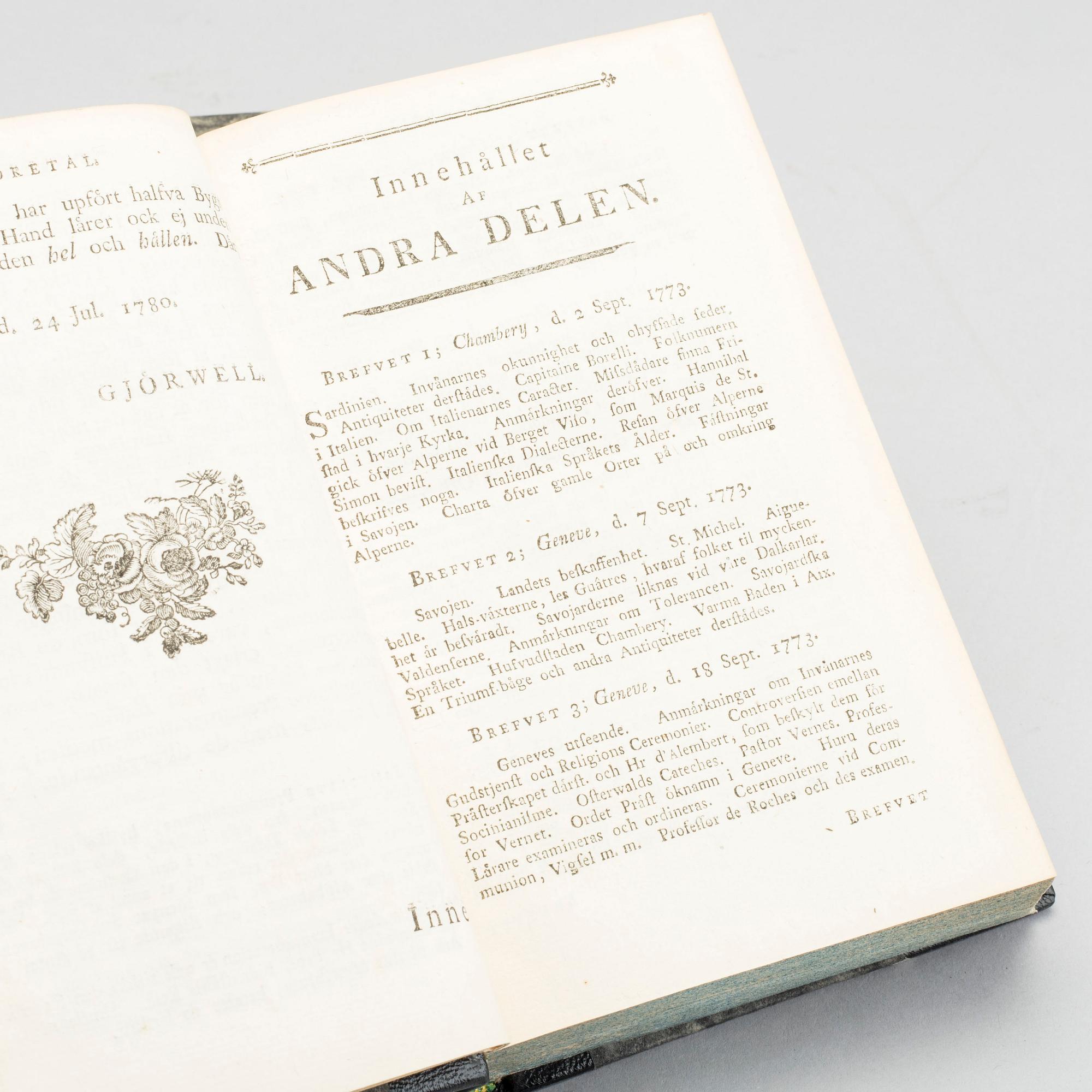 JACOB JONAS BJÖRNSTHÅL, Resa till Frankrike, Italien..." Tryckt hos And. Jac. Nordström Stockholm 1780.