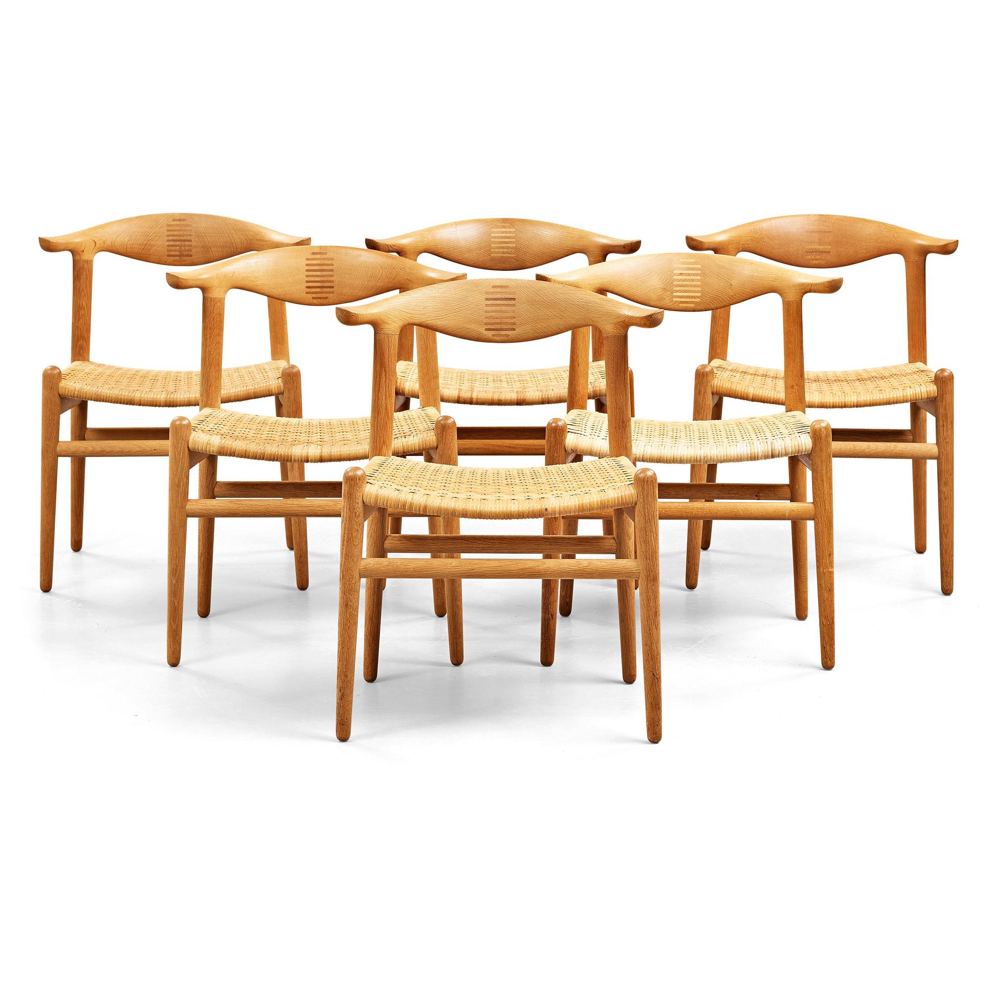 Hans J. Wegner, a set of six oak "Cowhorn Chairs", JH-505, Johannes Hansen, Denmark 1960's.