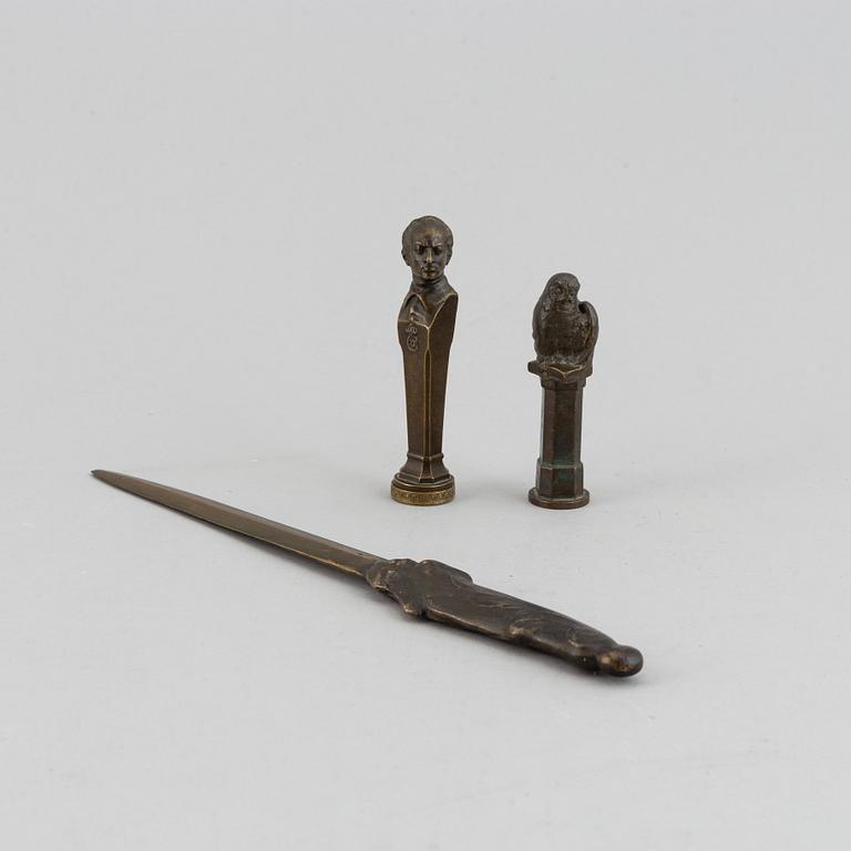 Seal stamp and a letter knife. Bronze 27 cm, 9.5 cm and 8.5 cm.