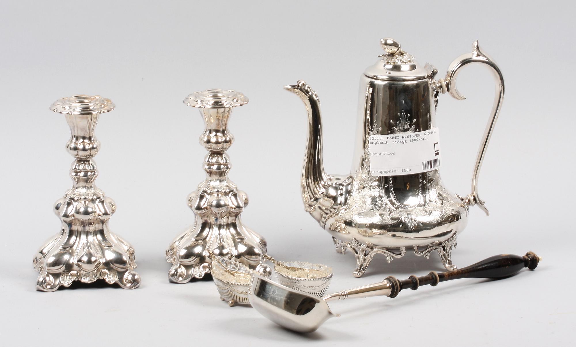 PARTI NYSILVER, 6 delar, rokokostil resp empirestil, bla England, tidigt 1900-tal.