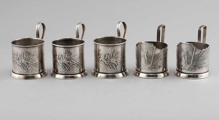 TEGLASHÅLLARE, 3 + 2, försilvrad metall, Ryssland, 1900-talets första hälft.