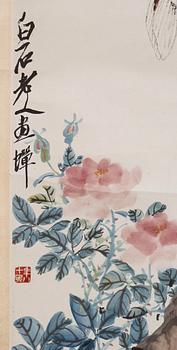 A hanging scroll, "Pine and Cicada", by Qi Baishi (1864-1957) and Chen Nian (1877-1970), signed.