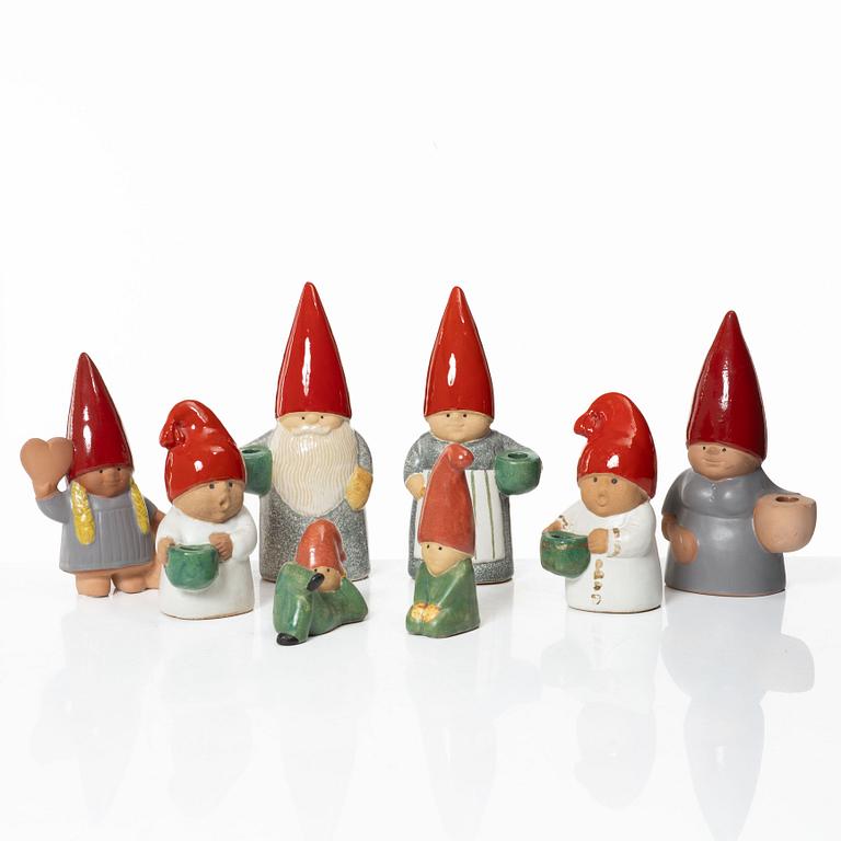 Lisa Larson, figuriner, 8 st, stengods, bl.a. ur serien "Tomtefamiljen", Gustavsberg och K-Studion.