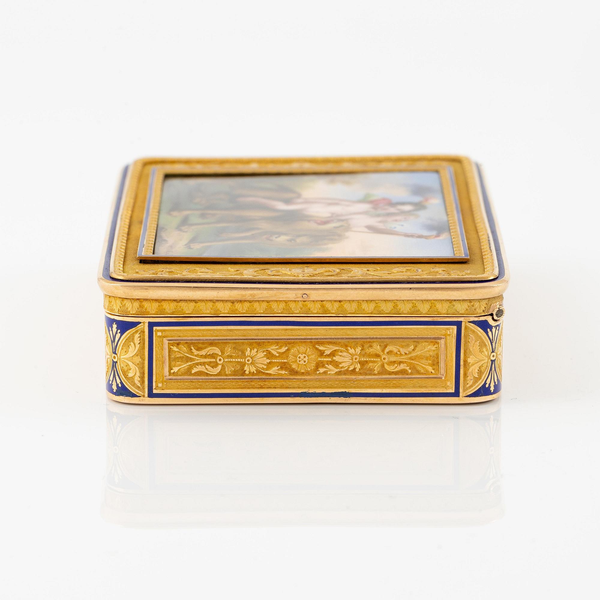 A probably Swiss 19th century two colour gold snuff box with enamel, unidentified maker's mark.