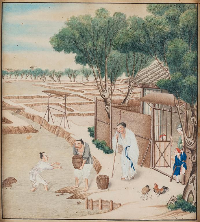 Okänd konstnär, fyra stycken, tusch och färg på papper. Qing dynastin, 1800-tal.