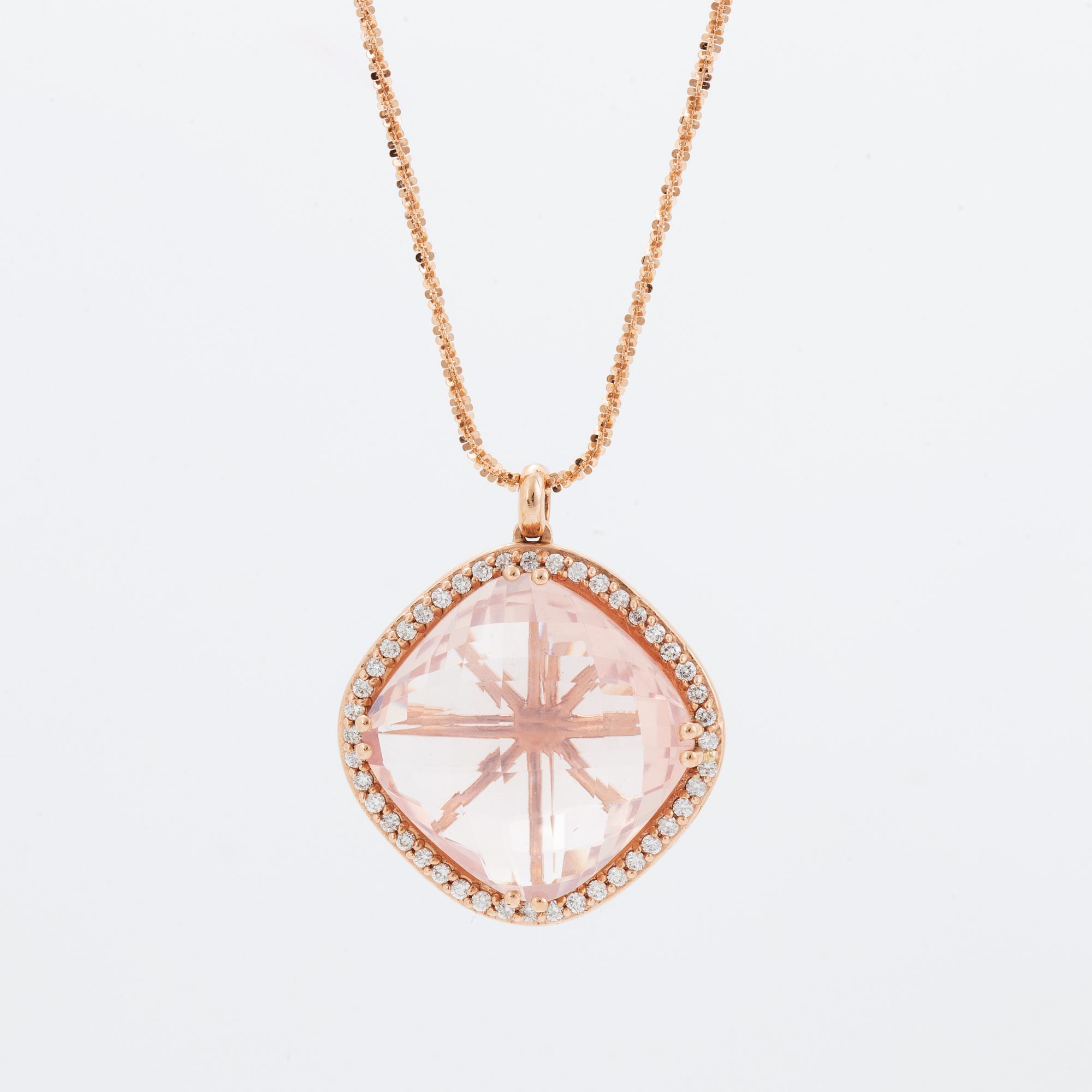Checker-cut rose quartz and brilliant-cut diamond necklace.