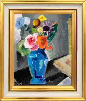 Tora Vega Holmström, still life with flowers in a blue vase.