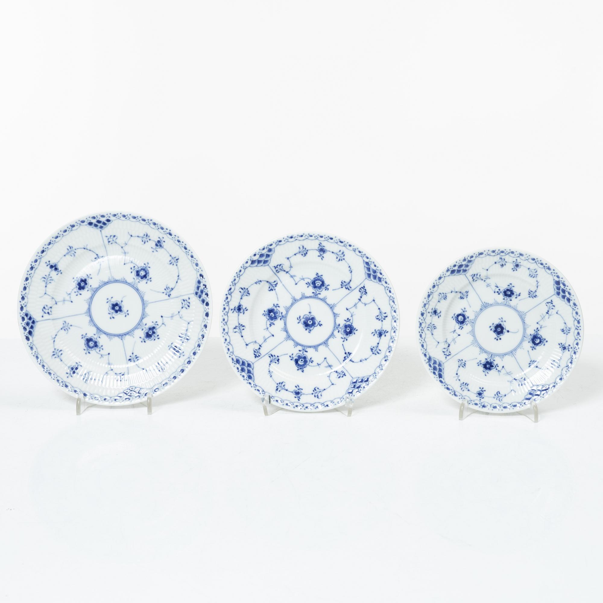 Royal Copenhagen, a 58-piece porcelain 'Blue Fluted' dinner and tea service, Denmark, mostly 1889-1934 but some pieces 1950-1984.