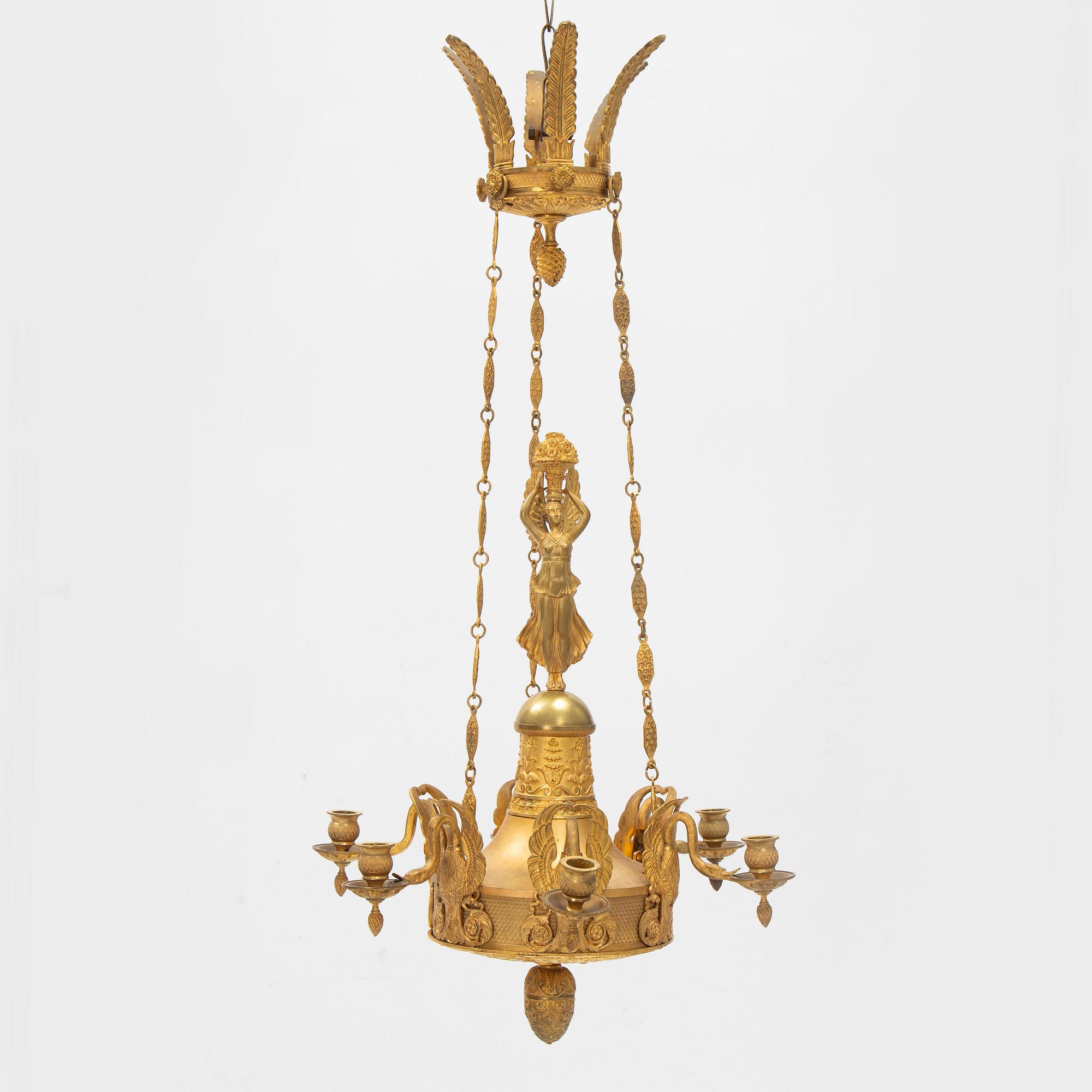 A presumably Italian Empire six-light ormolu chandelier, early 19th century.