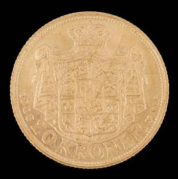 GULDMYNT, 20 Kroner, Danmark 1908. Vikt ca 9 gram.