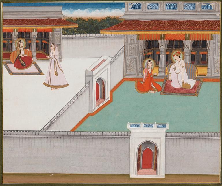 An illustration to a poetic series, elegant ladies of the court, India, late 18th century.