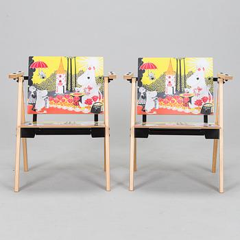 Yrjö Kukkapuro, Children's furniture, two 'Moomin S chairs'  and a table collaboration with Modeo and Moomin Characters.