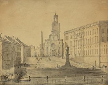 Unknown artist, Slottsbacken with Storkyrkan in the background.