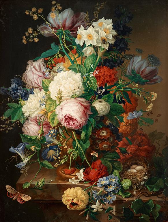 Joseph Nigg, Still life with roses, forget-me-not, poppies, hyacinths, butterflies and a bird's nest.