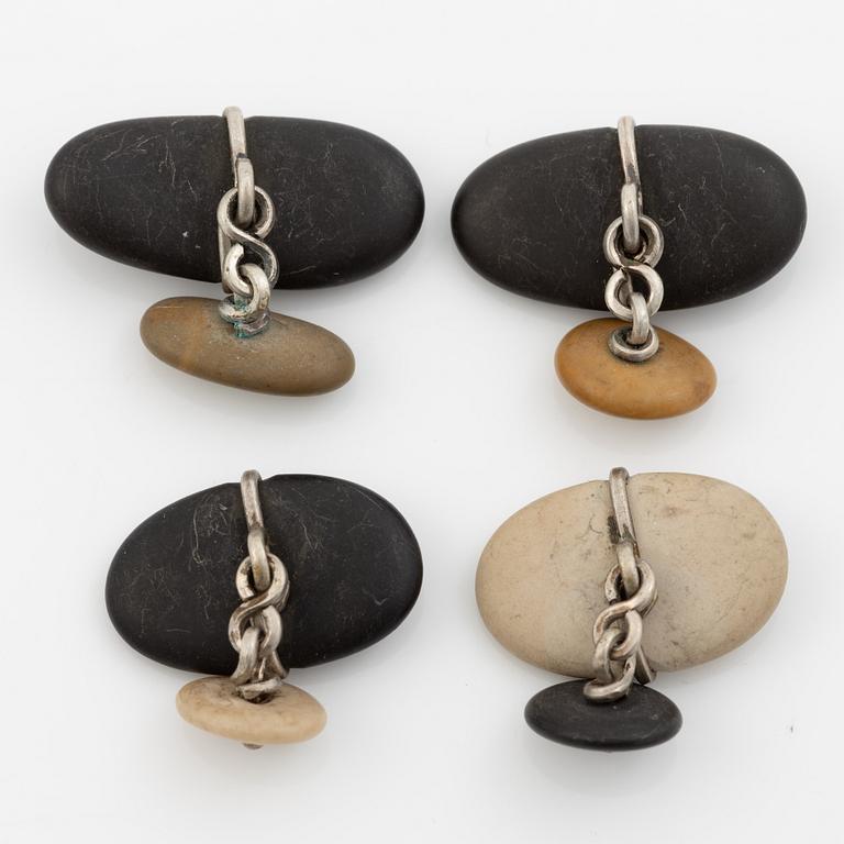 Cufflinks, two pairs, silver with beach stones, Terrs.