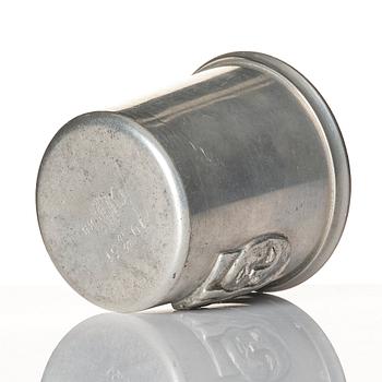 Firma Svenskt Tenn, a pewter matchbox case with beaker, models "38d" and "185a", with decor by Anna Petrus, Stockholm 1927-28.