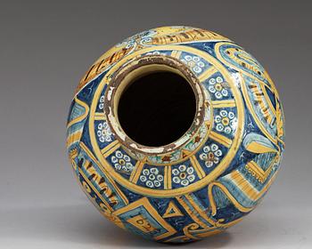 An Italian majolica albarello, presumably Urbino, 17/18th Century, marked with the date 1628.