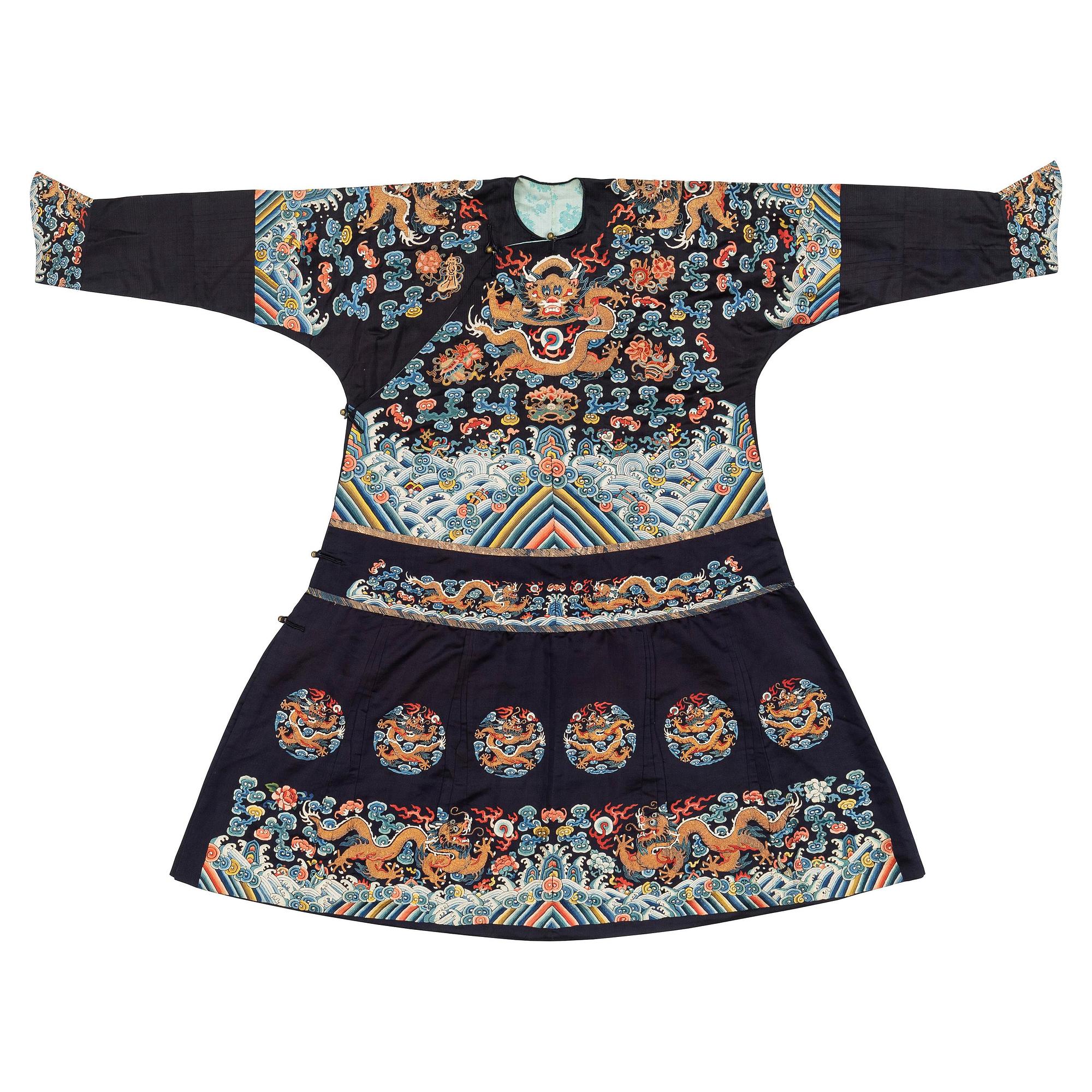 A midnight blue silk 'Chao Pao'/ceremonial robe, Qing dynasty, 1850's.